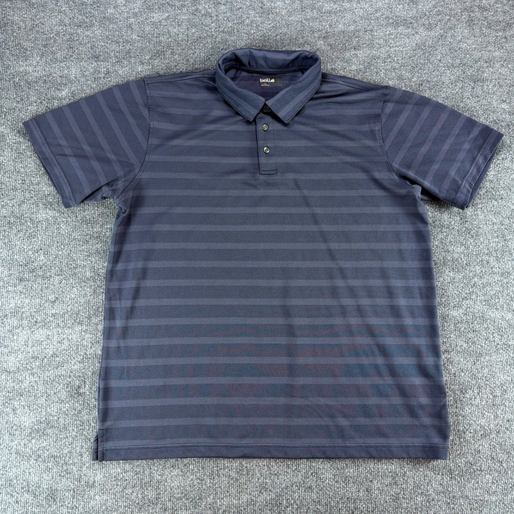 Bolle Mens XL Striped Performance Polo‎ Shirt Navy Blue Grey Short Sleeve Golf